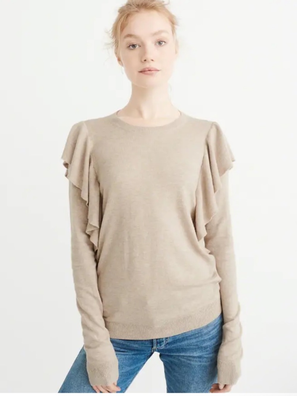 Abercrombie & Fitch Beige Crewneck Sweater with Ruffles